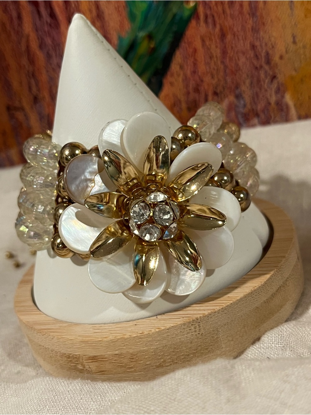 Beaded Stretch Gold & White Flower Statement Bracelet - Women Jewelry